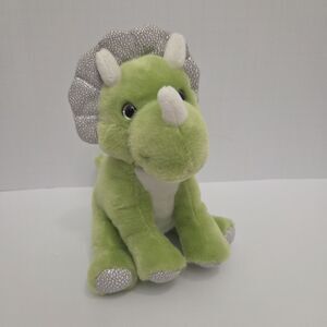 Frankford Dinosaur 8" Plush Green Triceratops Silver Glitter Eyes Stuffed Animal